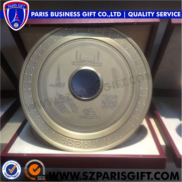 High Quality Custom Souvenir Round Metal Award Plate With Wood Box